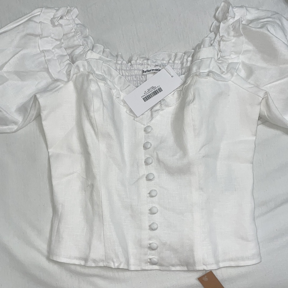 NWT Reformation Kaden off-the-shoulder ruffled linen blouse